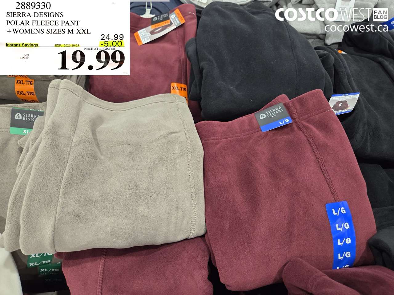2889330 SIERRA DESIGNS POLAR FLEECE PANT WOMENS SIZES M-XXL ($5.00 INSTANT SAVINGS EXPIRES ON 2026-10-25) $19.99