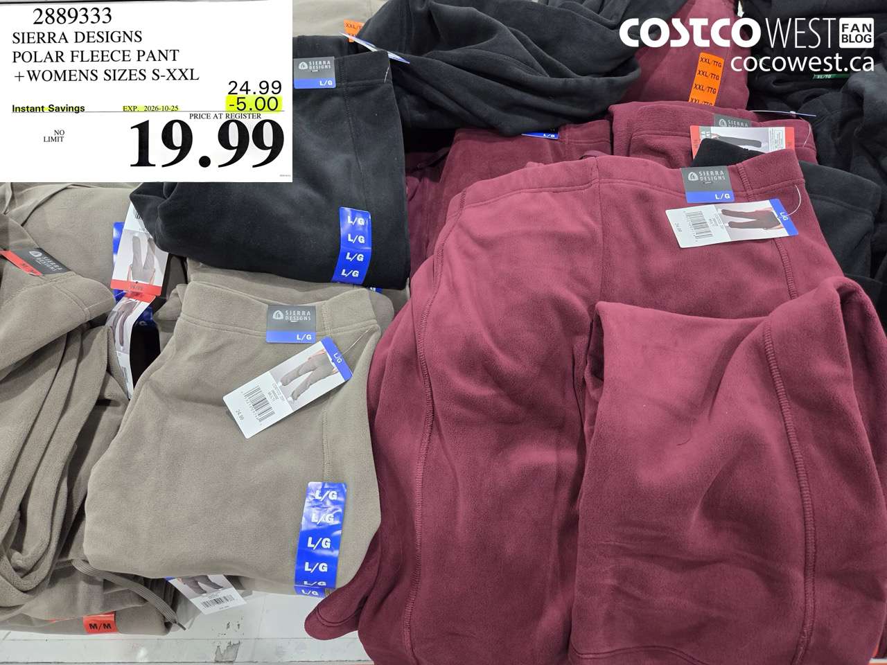 2889333 SIERRA DESIGNS POLAR FLEECE PANT WOMENS SIZES S-XXL ($5.00 INSTANT SAVINGS EXPIRES ON 2026-10-25) $19.99