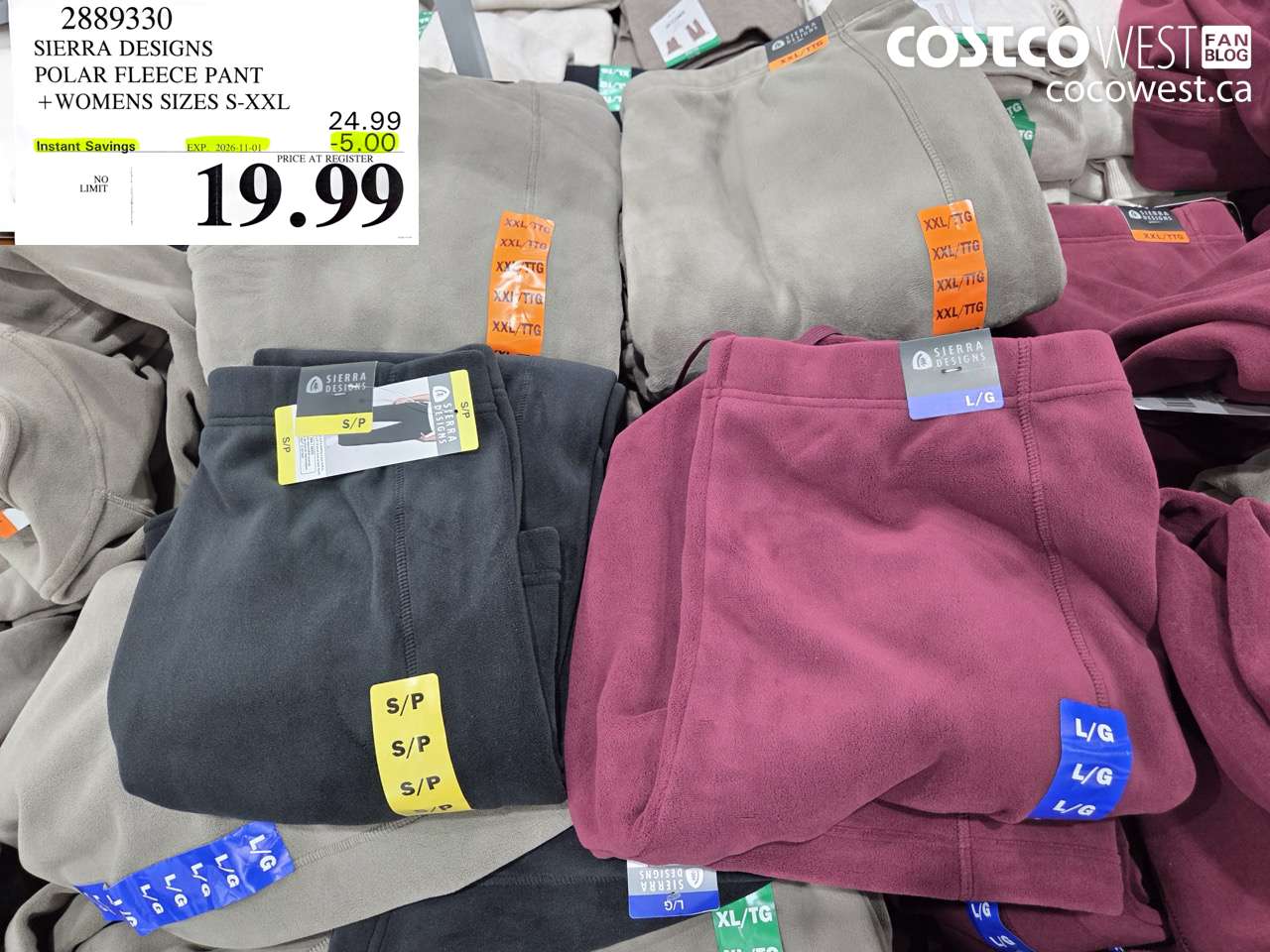 2889330 SIERRA DESIGNS POLAR FLEECE PANT WOMENS SIZES S-XXL ($5.00 INSTANT SAVINGS EXPIRES ON 2026-11-01) $19.99