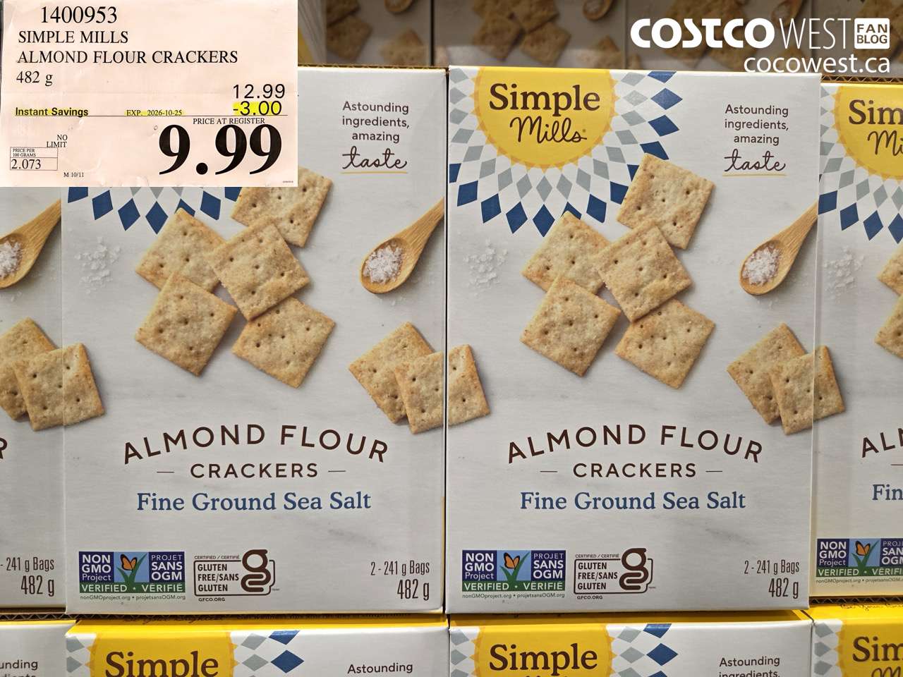 1400953 SIMPLE MILLS ALMOND FLOUR CRACKERS 482 G ($3.00 INSTANT SAVINGS EXPIRES ON 2026-10-25) $9.99