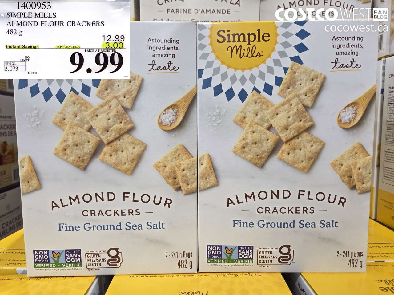 1400953 SIMPLE MILLS ALMOND FLOUR CRACKERS 482 G ($3.00 INSTANT SAVINGS EXPIRES ON 2026-10-25) $9.99