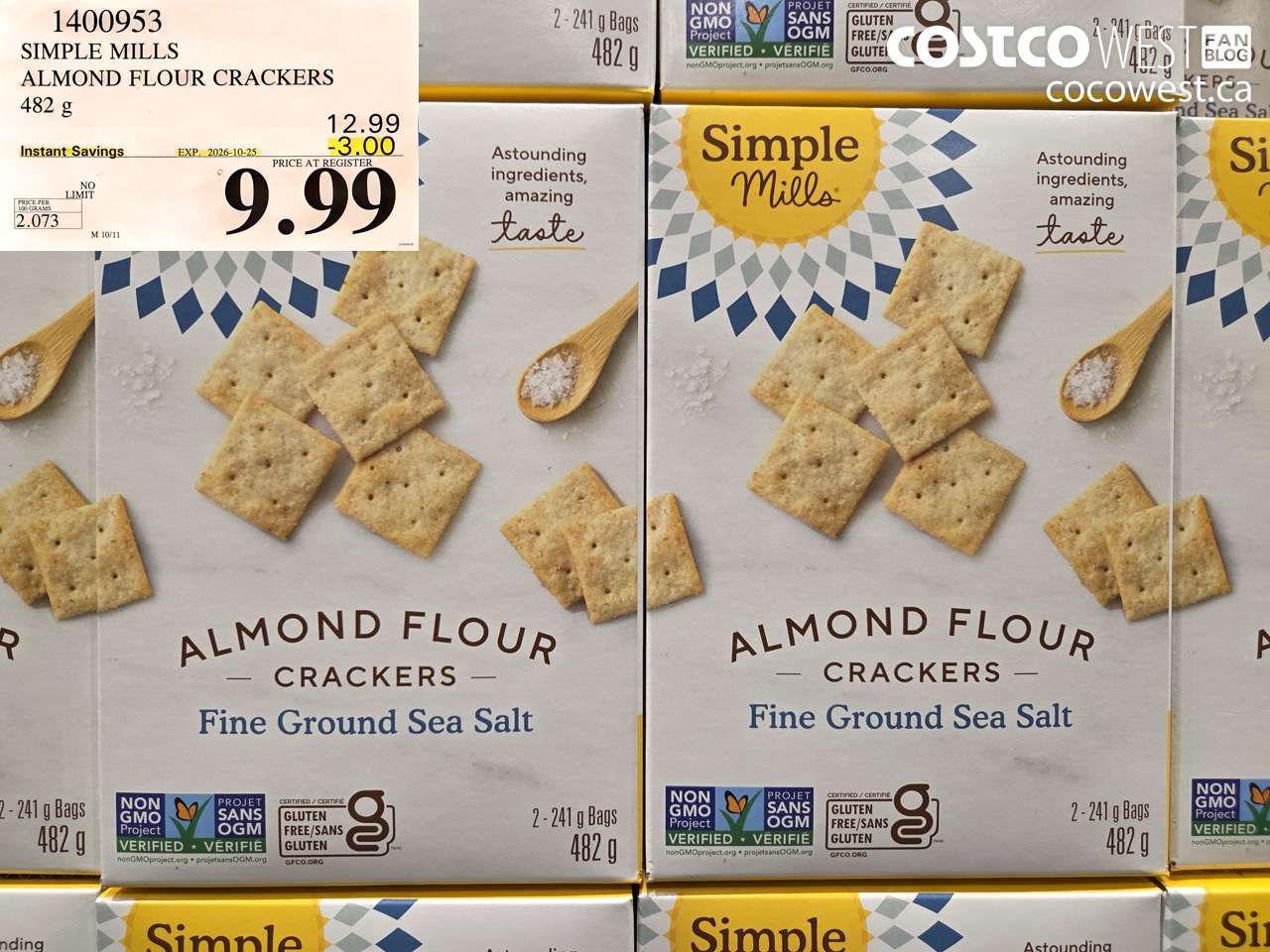 1400953 SIMPLE MILLS ALMOND FLOUR CRACKERS 482 G ($3.00 INSTANT SAVINGS EXPIRES ON 2026-10-25) $9.99