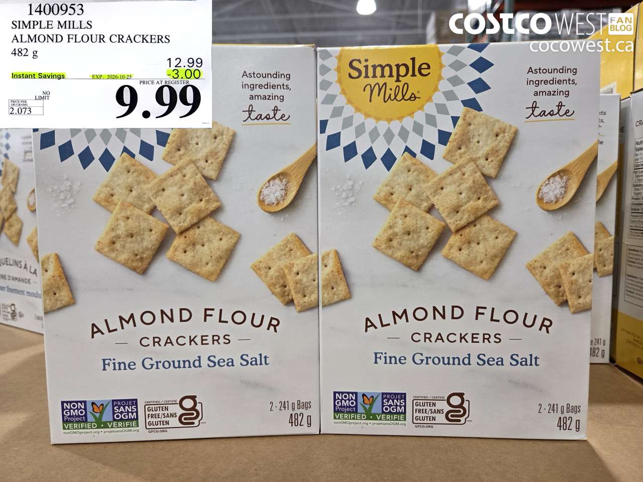 1400953 SIMPLE MILLS ALMOND FLOUR CRACKERS 482 G ($3.00 INSTANT SAVINGS EXPIRES ON 2026-10-25) $9.99