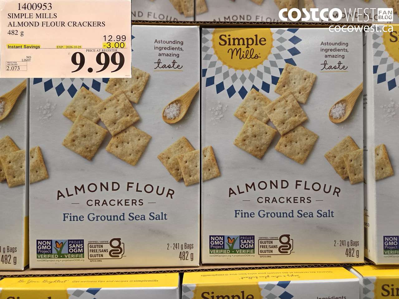 1400953 SIMPLE MILLS ALMOND FLOUR CRACKERS 482 G ($3.00 INSTANT SAVINGS EXPIRES ON 2026-10-25) $9.99
