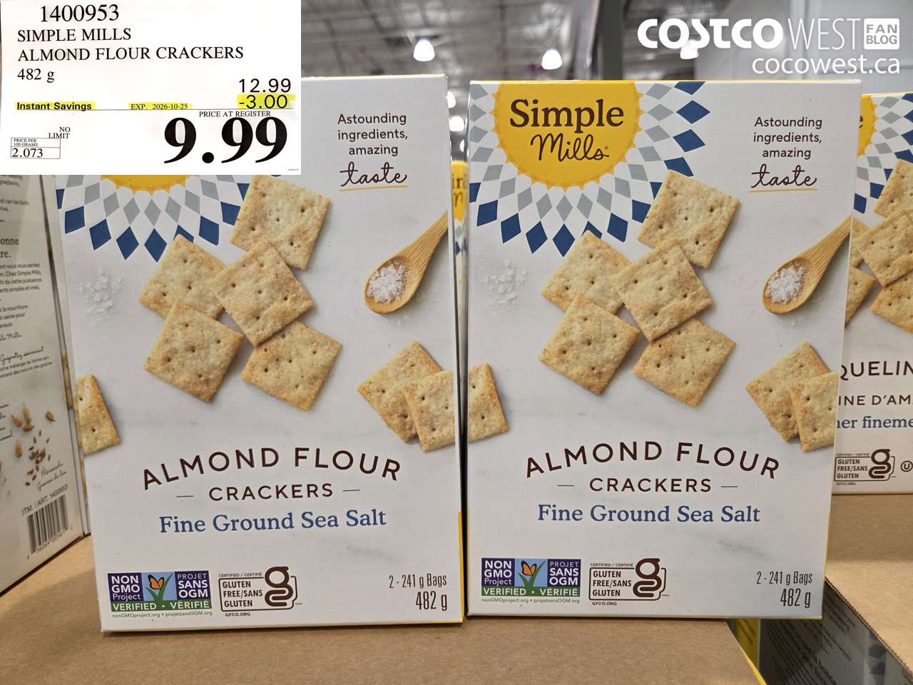 1400953 SIMPLE MILLS ALMOND FLOUR CRACKERS 482 G ($3.00 INSTANT SAVINGS EXPIRES ON 2026-10-25) $9.99