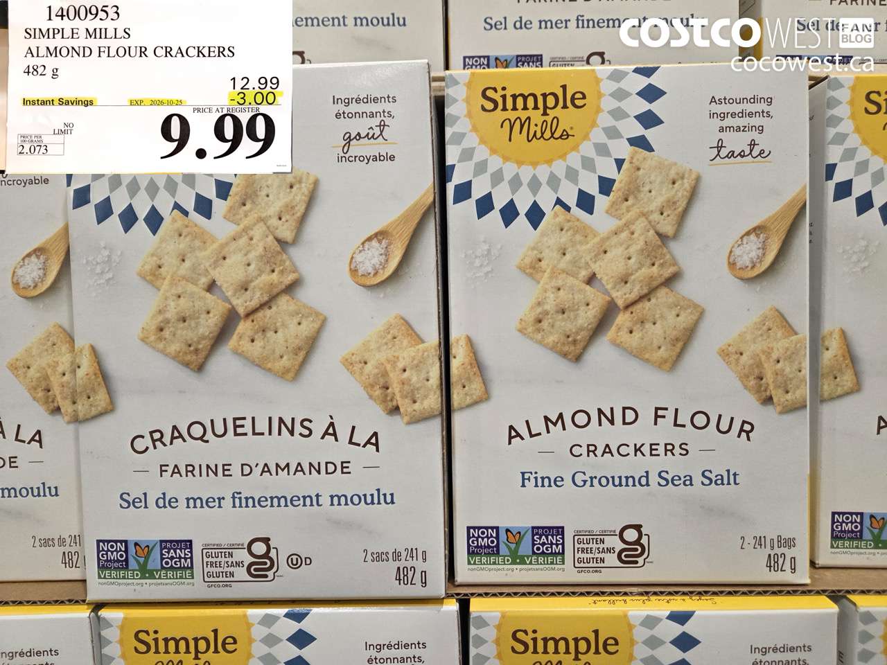 1400953 SIMPLE MILLS ALMOND FLOUR CRACKERS 482 G ($3.00 INSTANT SAVINGS EXPIRES ON 2026-10-25) $9.99