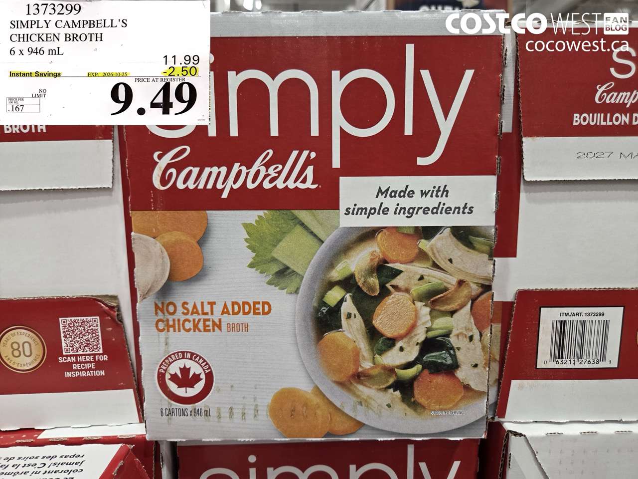 1373299 SIMPLY CAMPBELL'S CHICKEN BROTH 6 X 946 ML ($2.50 INSTANT SAVINGS EXPIRES ON 2026-10-25) $9.49