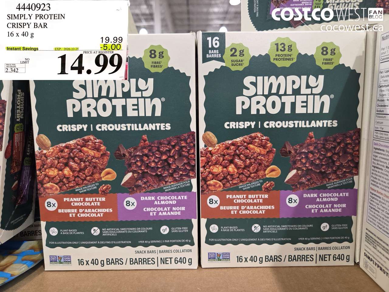 4440923 SIMPLY PROTEIN CRISPY BAR 16 X 40 G ($5.00 INSTANT SAVINGS EXPIRES ON 2026-10-25) $14.99