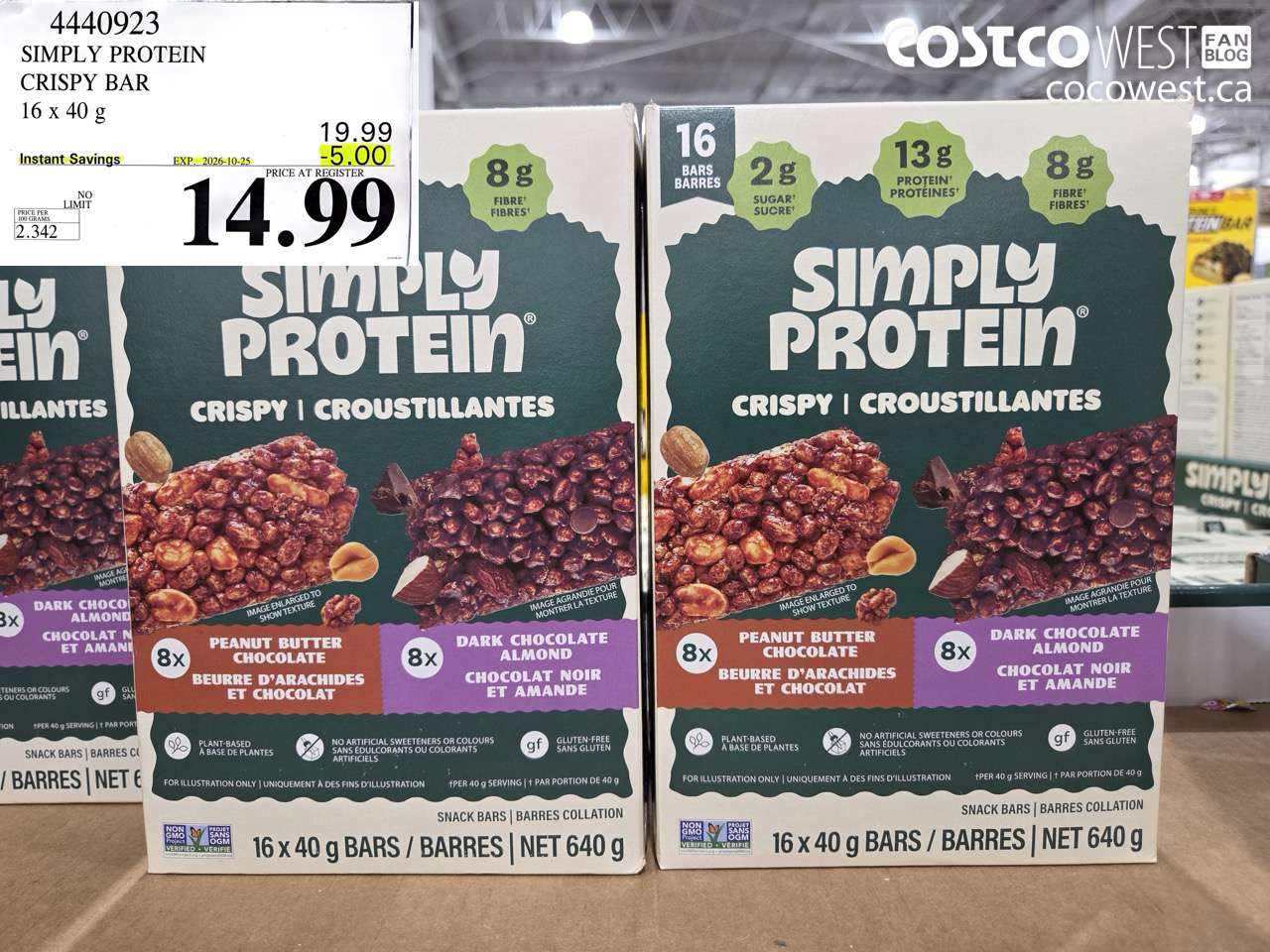 4440923 SIMPLY PROTEIN CRISPY BAR 16 X 40 G ($5.00 INSTANT SAVINGS EXPIRES ON 2026-10-25) $14.99