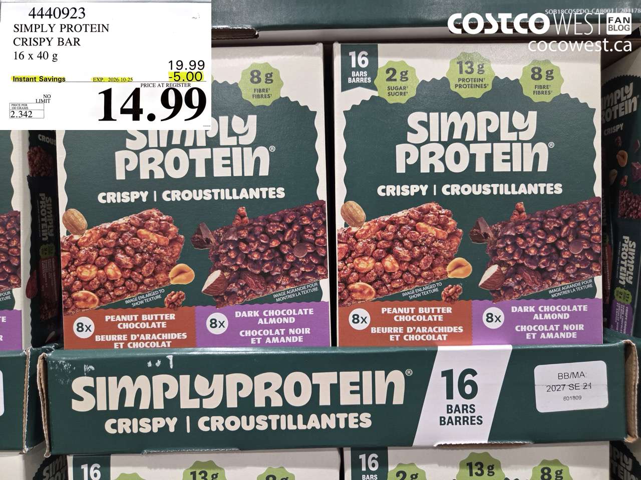 4440923 SIMPLY PROTEIN CRISPY BAR 16 X 40 G ($5.00 INSTANT SAVINGS EXPIRES ON 2026-10-25) $14.99