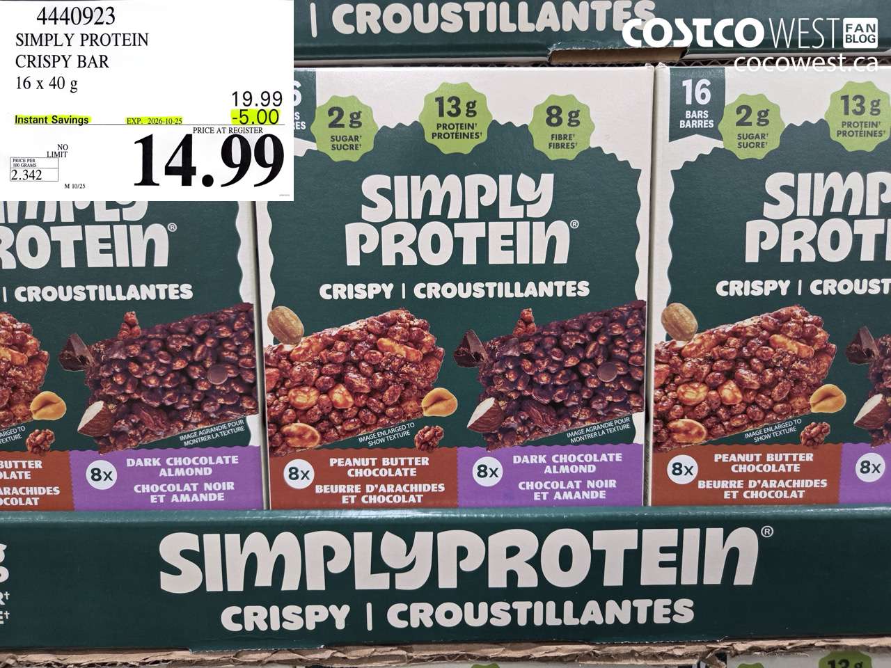 4440923 SIMPLY PROTEIN CRISPY BAR 16 X 40 G ($5.00 INSTANT SAVINGS EXPIRES ON 2026-10-25) $14.99