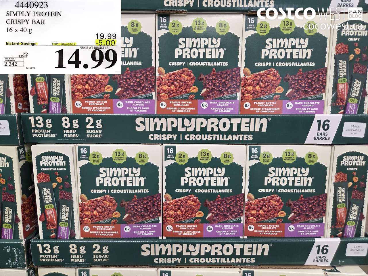4440923 SIMPLY PROTEIN CRISPY BAR 16 X 40 G ($5.00 INSTANT SAVINGS EXPIRES ON 2026-10-25) $14.99