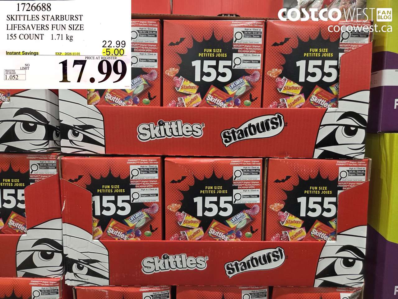 1726688 SKITTLES STARBURST LIFESAVERS FUN SIZE 155 COUNT 1.71 KG ($5.00 INSTANT SAVINGS EXPIRES ON 2026-11-01) $17.99