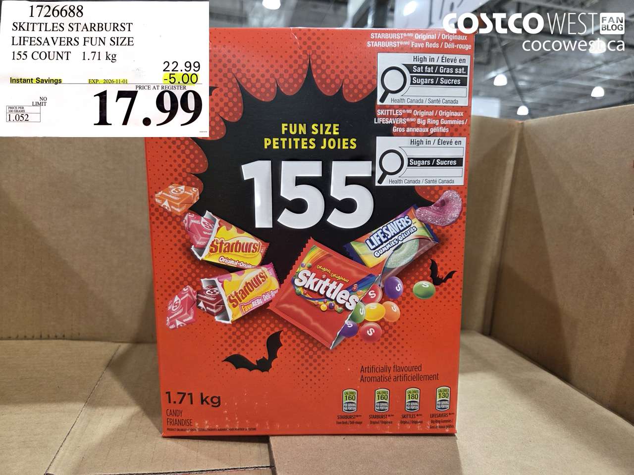 1726688 SKITTLES STARBURST LIFESAVERS FUN SIZE 155 COUNT 1.71 KG ($5.00 INSTANT SAVINGS EXPIRES ON 2026-11-01) $17.99