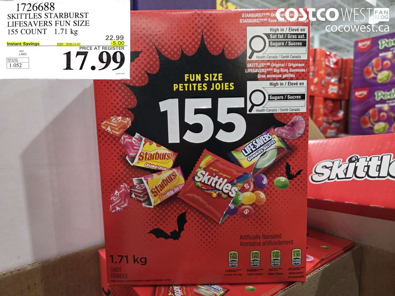 1726688 SKITTLES STARBURST LIFESAVERS FUN SIZE 155 COUNT 1.71 KG ($5.00 INSTANT SAVINGS EXPIRES ON 2026-11-01) $17.99