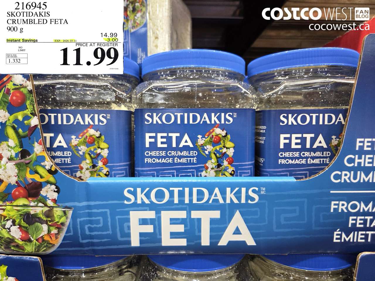 216945 SKOTIDAKIS CRUMBLED FETA 900 G ($3.00 INSTANT SAVINGS EXPIRES ON 2026-10-11) $11.99