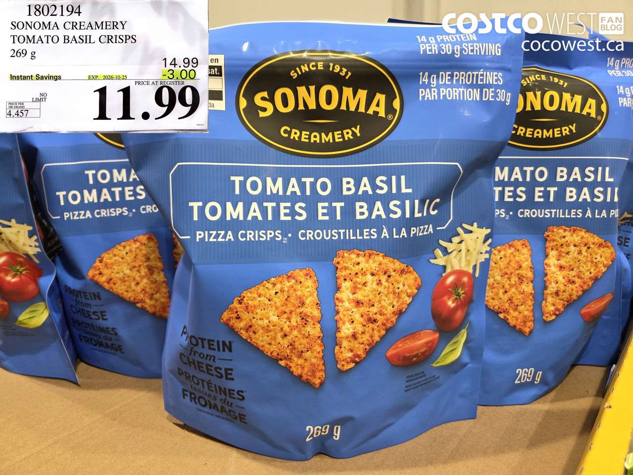 1802194 SONOMA CREAMERY TOMATO BASIL CRISPS 269 G ($3.00 INSTANT SAVINGS EXPIRES ON 2026-10-25) $11.99