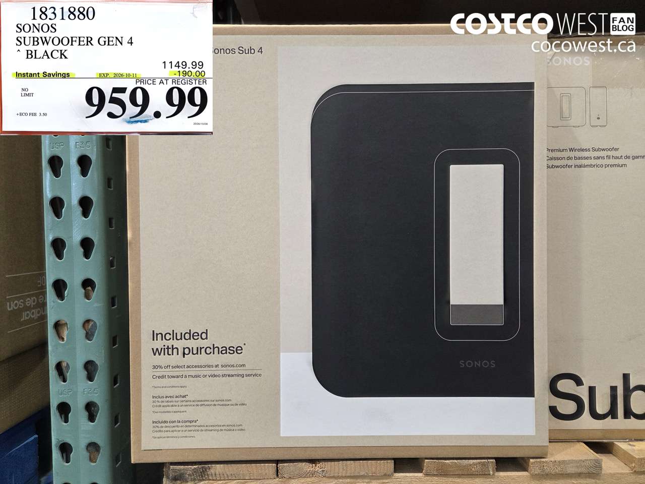 1831880 SONOS SUBWOOFER GEN 4 BLACK ($190.00 INSTANT SAVINGS EXPIRES ON 2026-10-11) $959.99