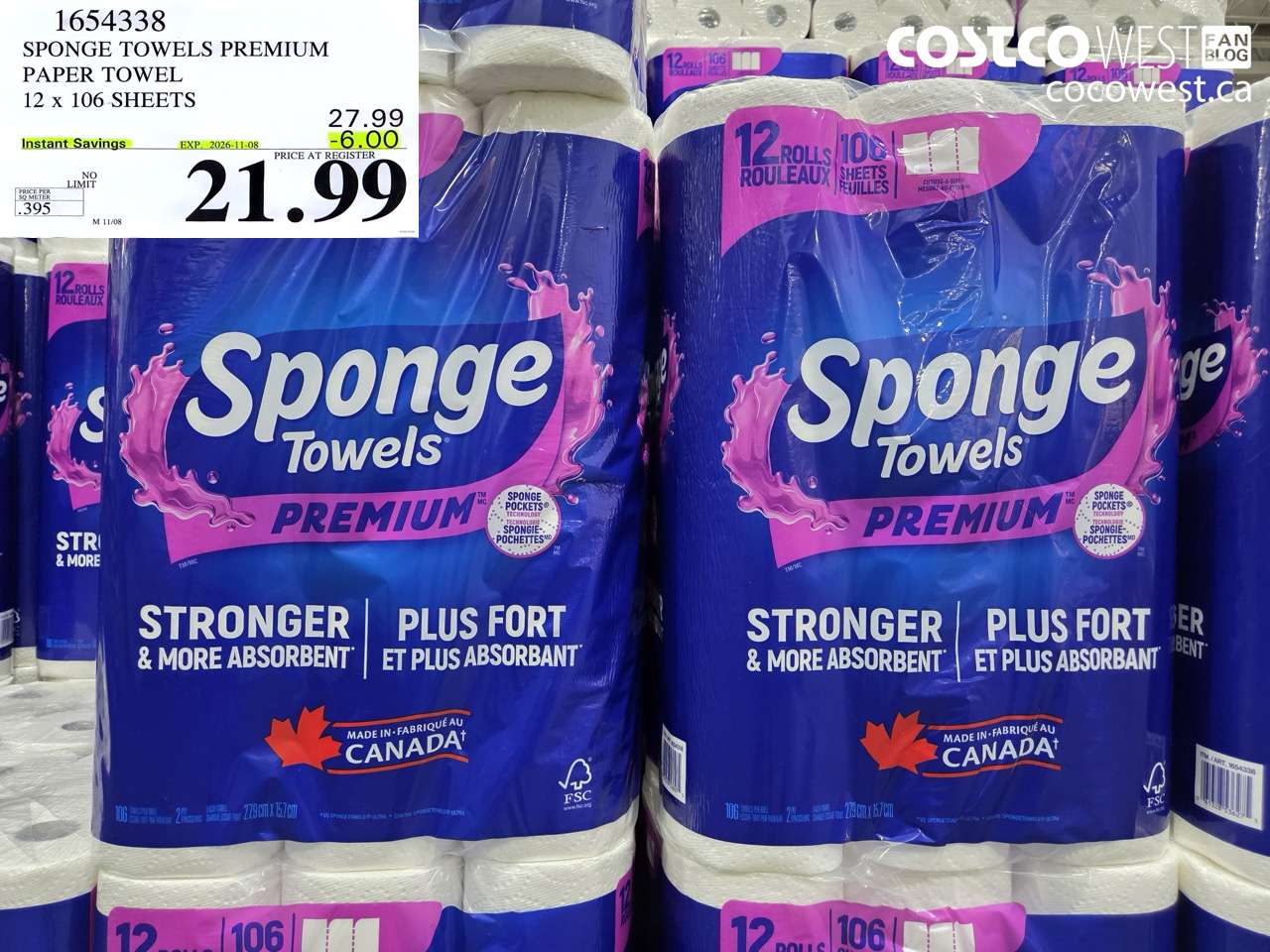1654338 SPONGE TOWELS PREMIUM PAPER TOWEL 12 X 106 SHEETS ($6.00 INSTANT SAVINGS EXPIRES ON 2026-11-08) $21.99