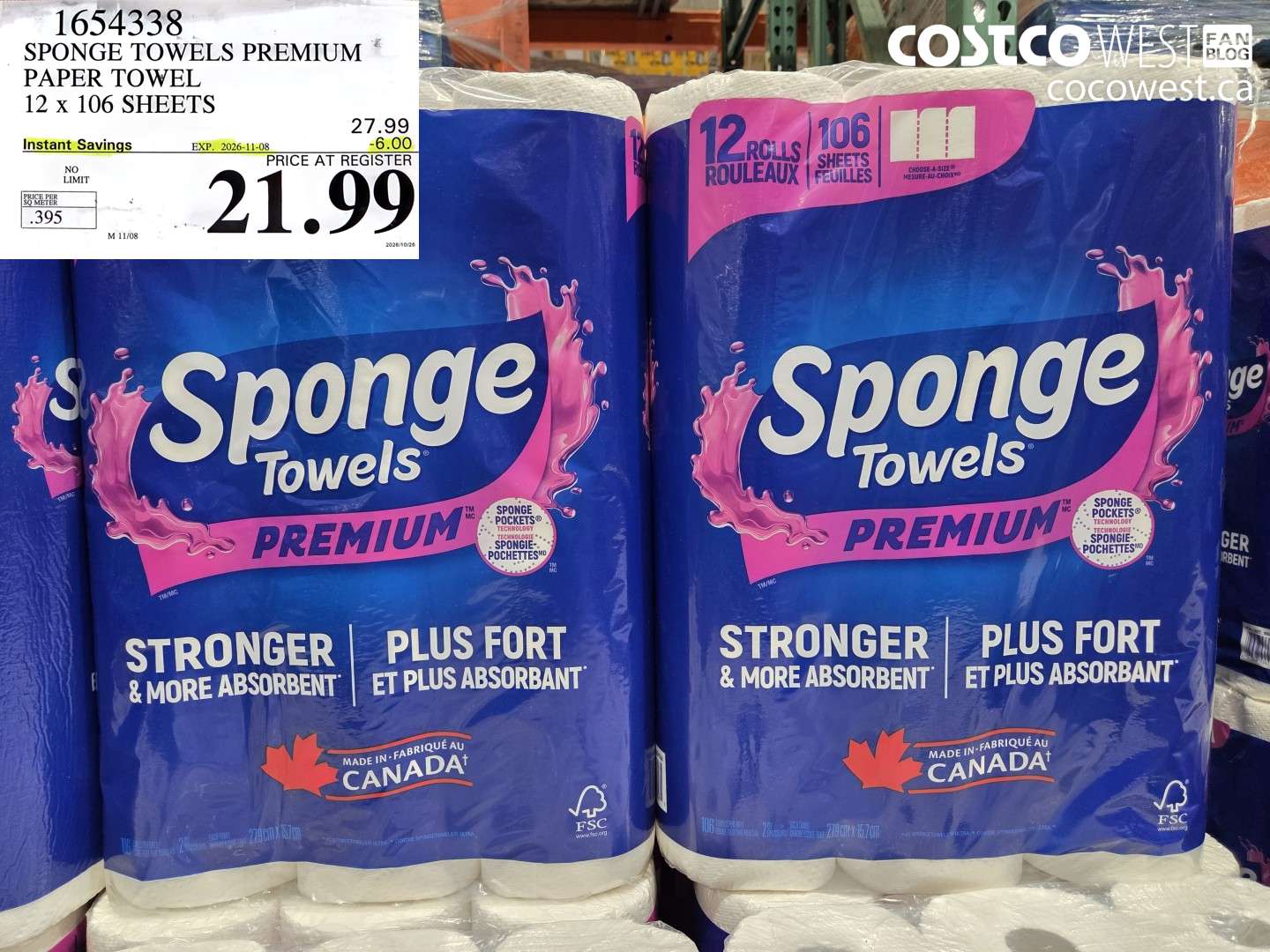 1654338 SPONGE TOWELS PREMIUM PAPER TOWEL 12 X 106 SHEETS ($6.00 INSTANT SAVINGS EXPIRES ON 2026-11-08) $21.99