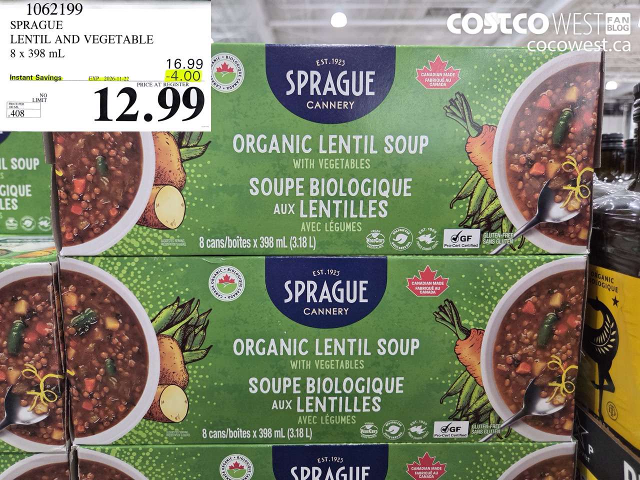 1062199 SPRAGUE LENTIL AND VEGETABLE 8 X 398 ML ($4.00 INSTANT SAVINGS EXPIRES ON 2026-11-22) $12.99