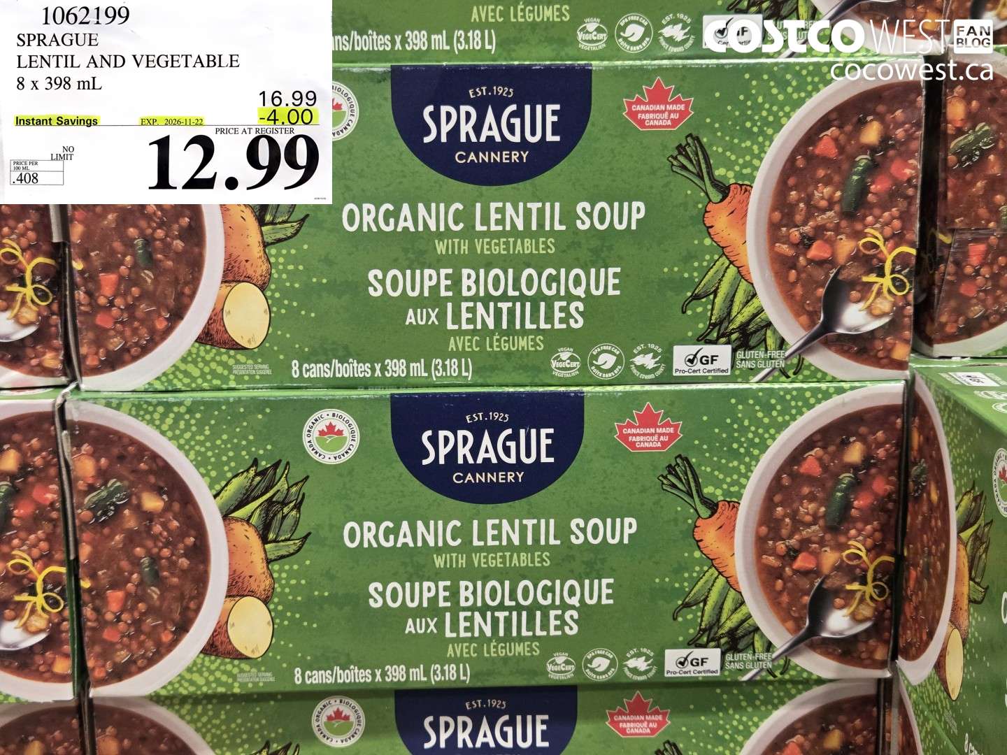 1062199 SPRAGUE LENTIL AND VEGETABLE 8 X 398 ML ($4.00 INSTANT SAVINGS EXPIRES ON 2026-11-22) $12.99