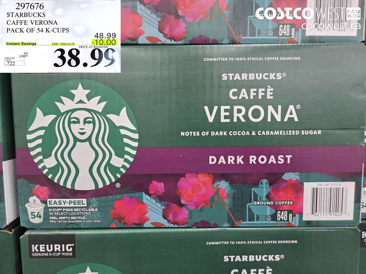 297676 STARBUCKS CAFFE VERONA PACK OF 54 K-CUPS ($10.00 INSTANT SAVINGS EXPIRES ON 2026-11-22) $38.99