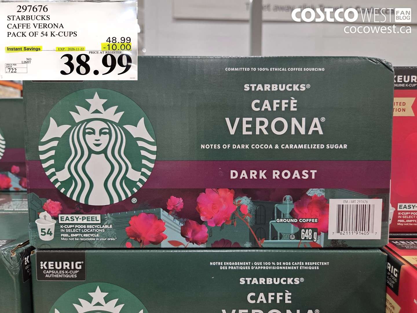 297676 STARBUCKS CAFFE VERONA PACK OF 54 K-CUPS ($10.00 INSTANT SAVINGS EXPIRES ON 2026-11-22) $38.99