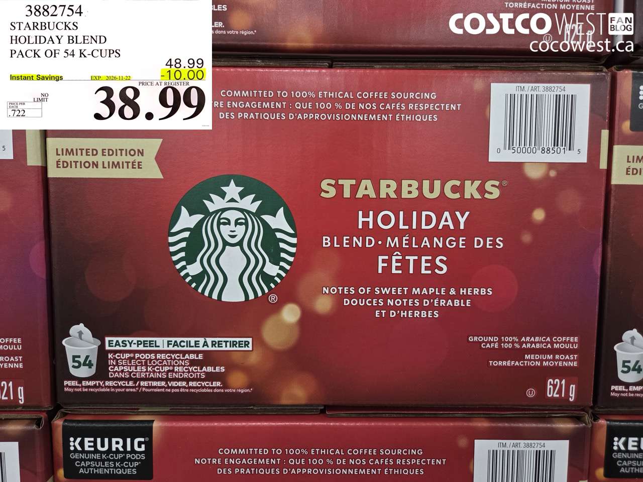 3882754 STARBUCKS HOLIDAY BLEND PACK OF 54 K-CUPS ($10.00 INSTANT SAVINGS EXPIRES ON 2026-11-22) $38.99