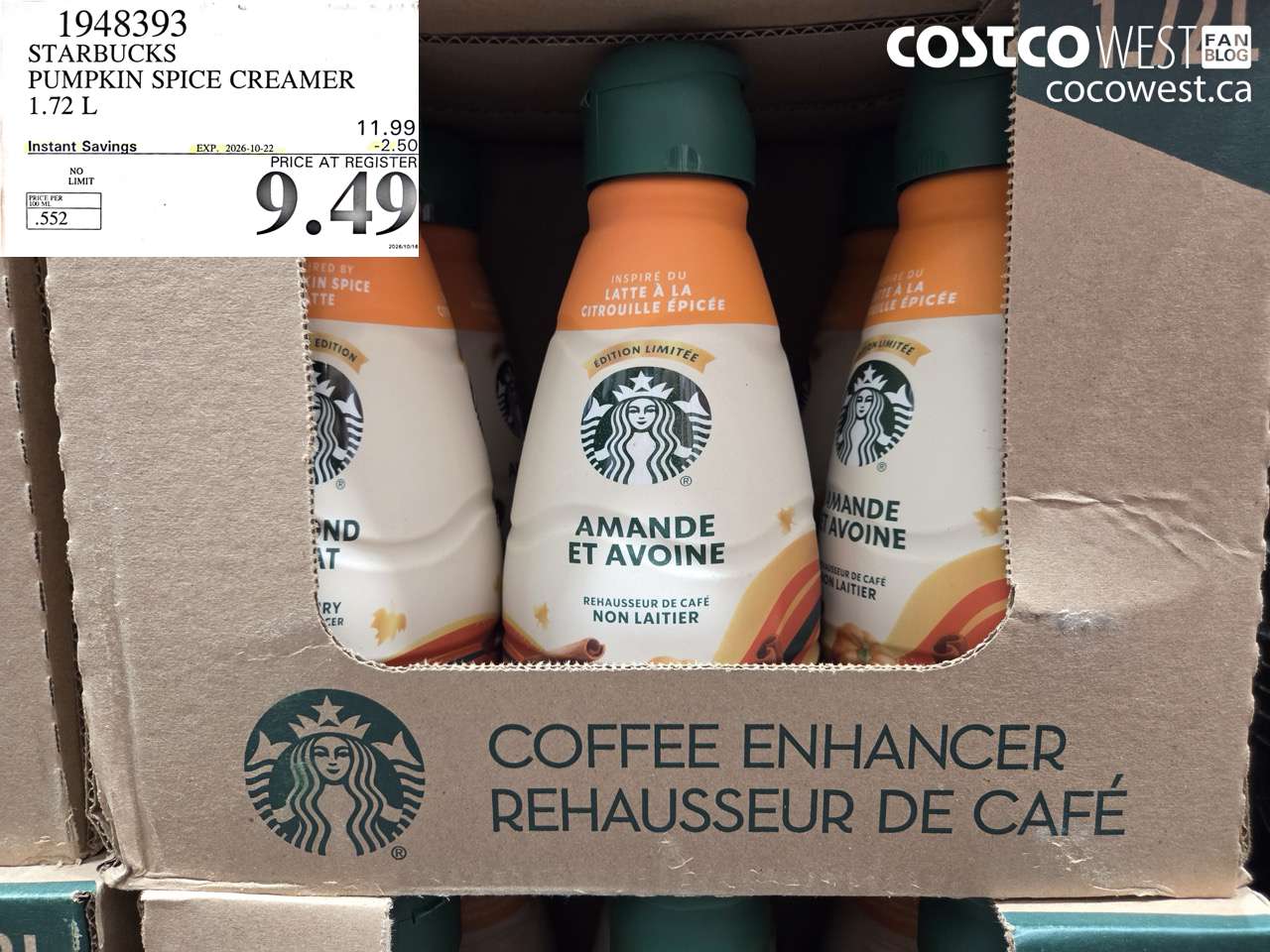 1948393 STARBUCKS PUMPKIN SPICE CREAMER 1.72 L ($2.50 INSTANT SAVINGS EXPIRES ON 2026-10-22) $9.49