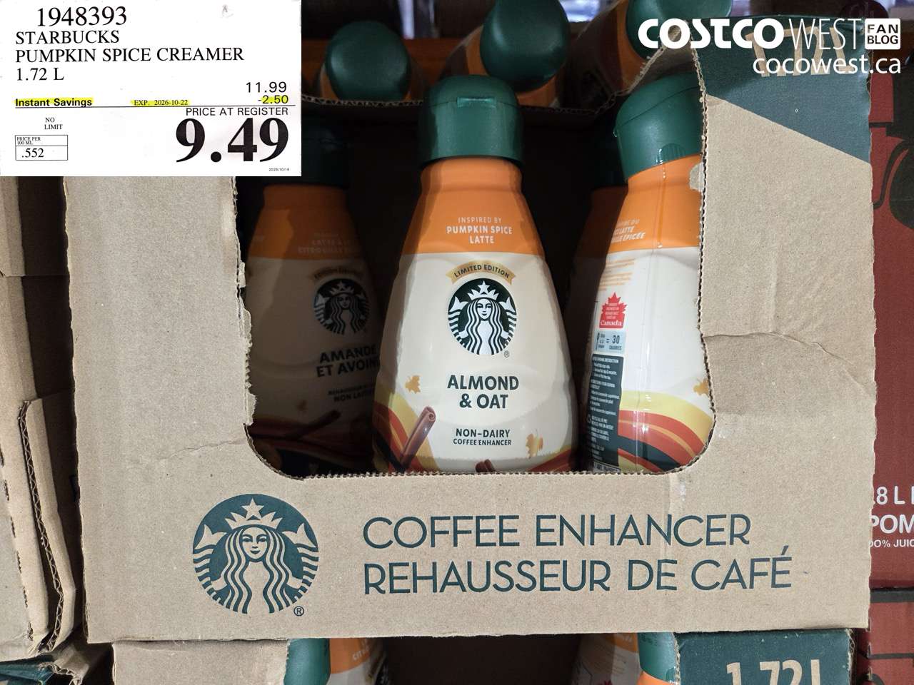 1948393 STARBUCKS PUMPKIN SPICE CREAMER 1.72 L ($2.50 INSTANT SAVINGS EXPIRES ON 2026-10-22) $9.49