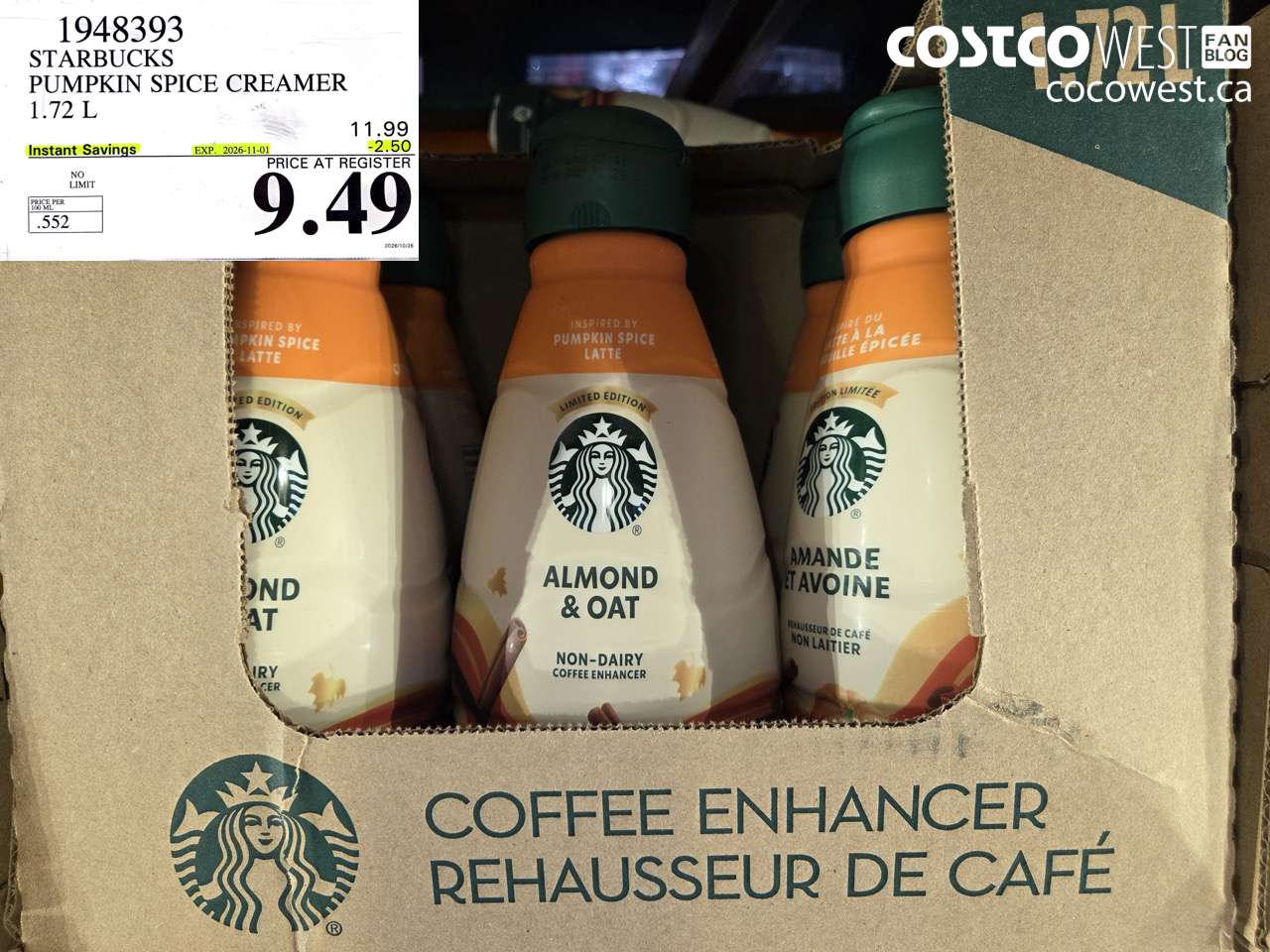 1948393 STARBUCKS PUMPKIN SPICE CREAMER 1.72 L ($2.50 INSTANT SAVINGS EXPIRES ON 2026-11-01) $9.49