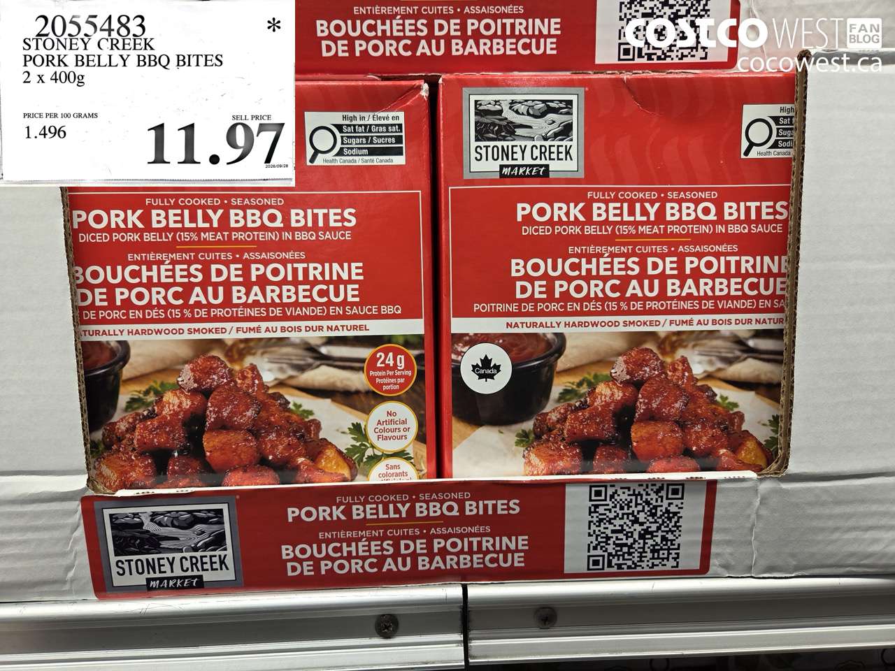 2055483 STONEY CREEK PORK BELLY BBQ BITES 2 X 400G $11.97