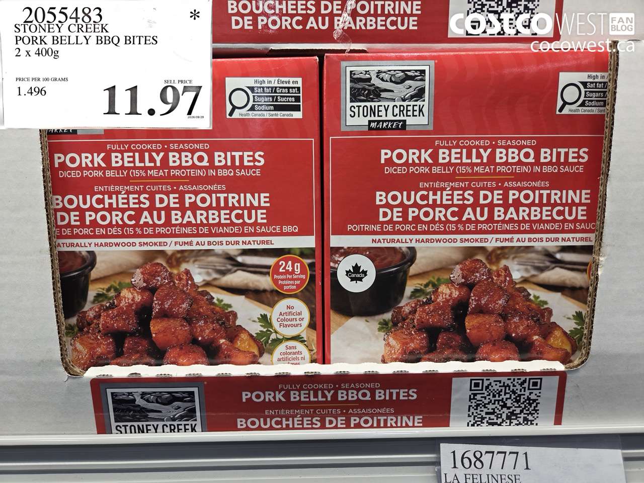 2055483 STONEY CREEK PORK BELLY BBQ BITES 2 X 400G $11.97