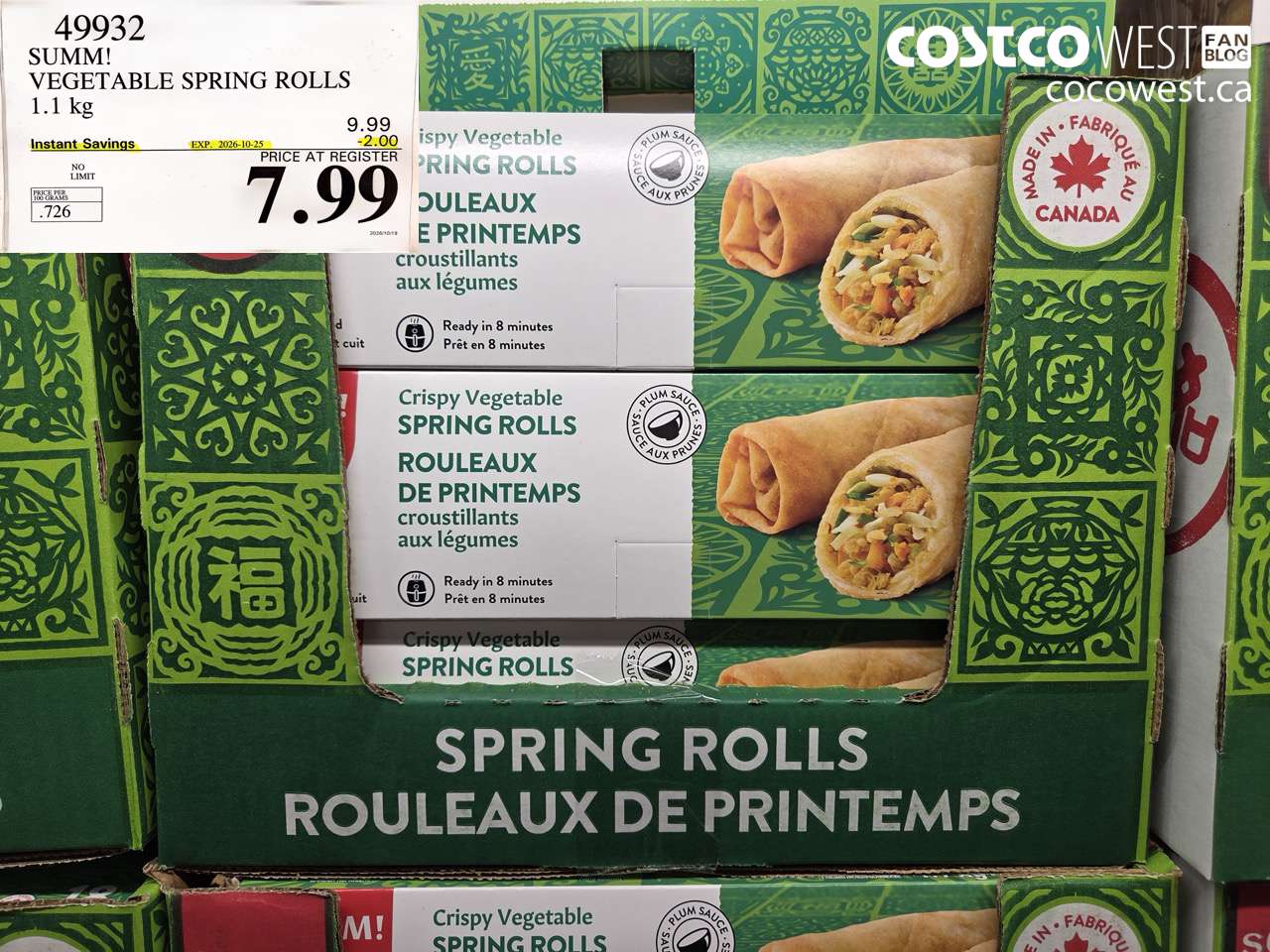 49932 SUMM! VEGETABLE SPRING ROLLS 1.1 KG ($2.00 INSTANT SAVINGS EXPIRES ON 2026-10-25) $7.99