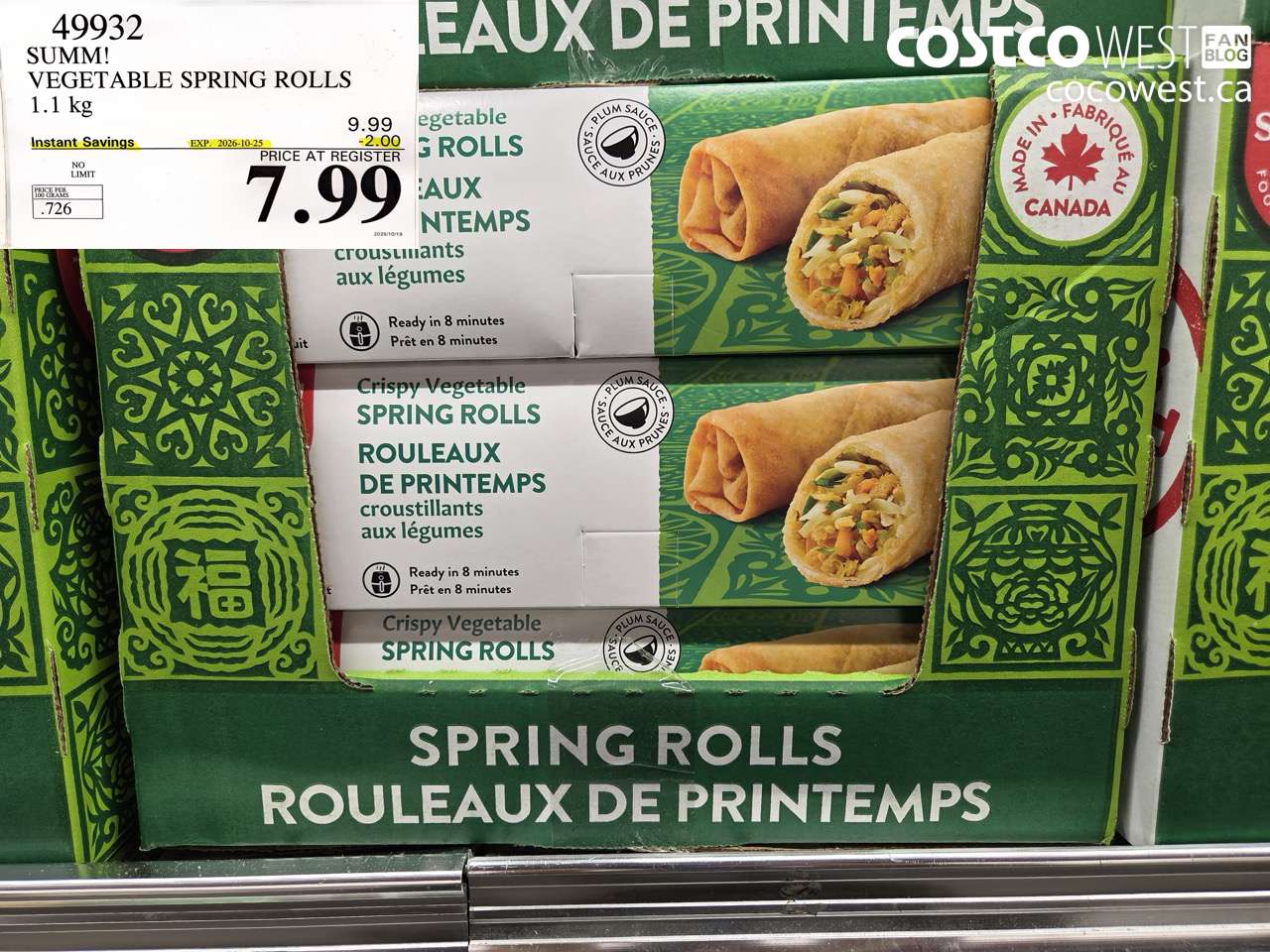 49932 SUMM! VEGETABLE SPRING ROLLS 1.1 KG ($2.00 INSTANT SAVINGS EXPIRES ON 2026-10-25) $7.99