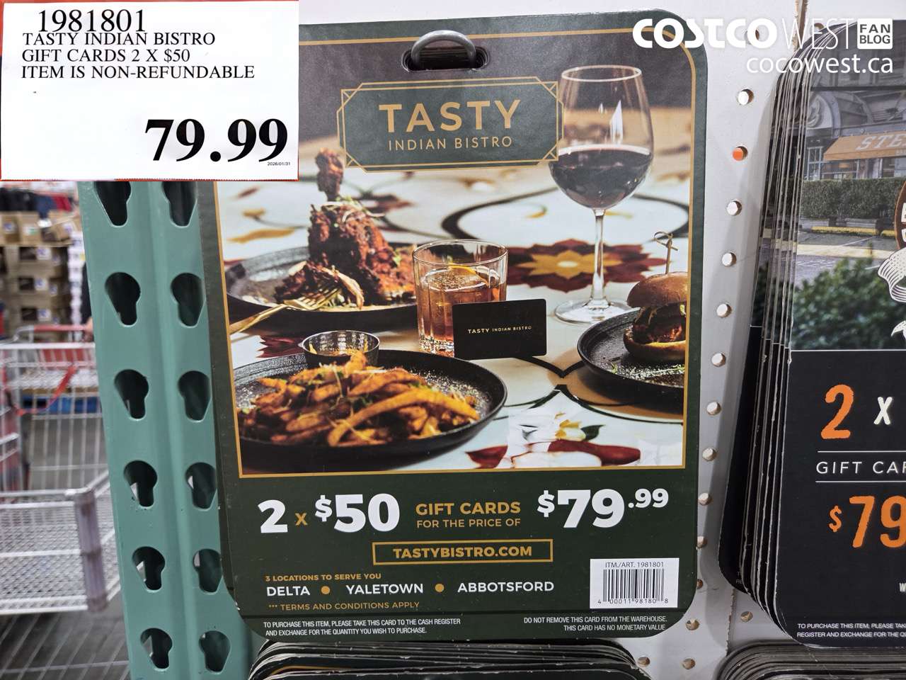 1981801 TASTY INDIAN BISTRO GIFT CARDS 2 X $50 ITEM IS NON-REFUNDABLE $79.99