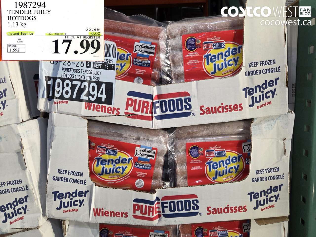 1987294 TENDER JUICY HOTDOGS 1.13 KG ($6.00 INSTANT SAVINGS EXPIRES ON 2026-10-18) $17.99