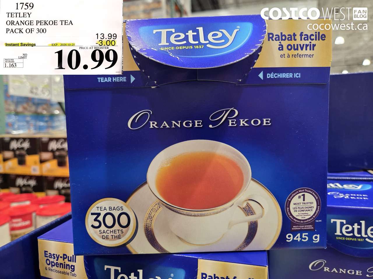 1759 TETLEY ORANGE PEKOE TEA PACK OF 300 ($3.00 INSTANT SAVINGS EXPIRES ON 2026-10-25) $10.99
