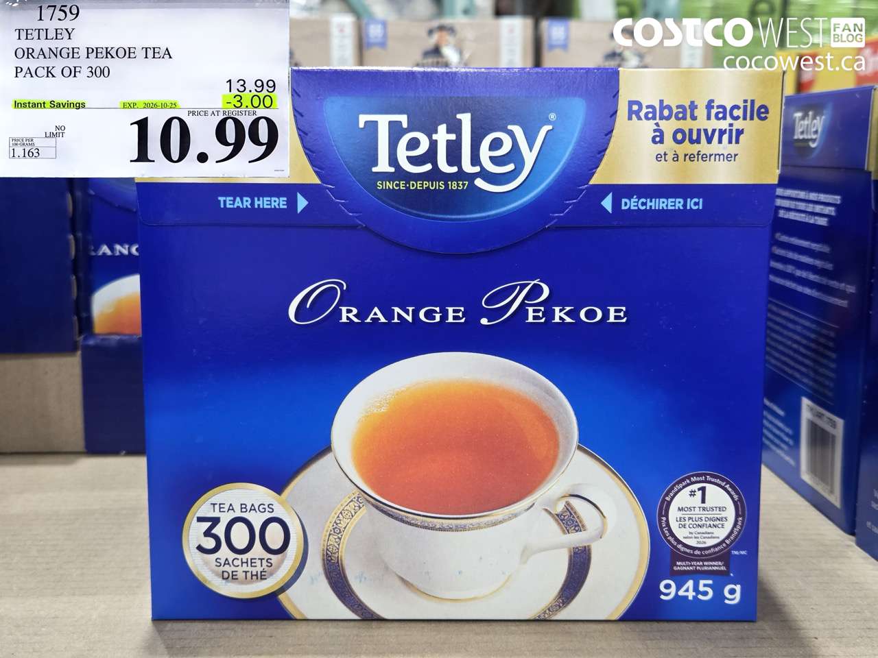 1759 TETLEY ORANGE PEKOE TEA PACK OF 300 ($3.00 INSTANT SAVINGS EXPIRES ON 2026-10-25) $10.99