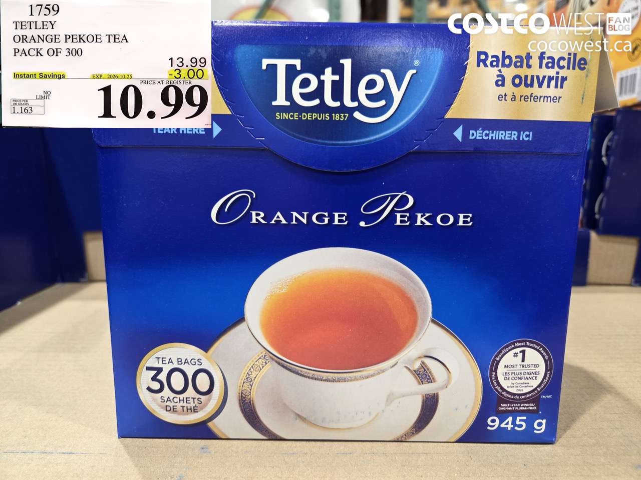 1759 TETLEY ORANGE PEKOE TEA PACK OF 300 ($3.00 INSTANT SAVINGS EXPIRES ON 2026-10-25) $10.99