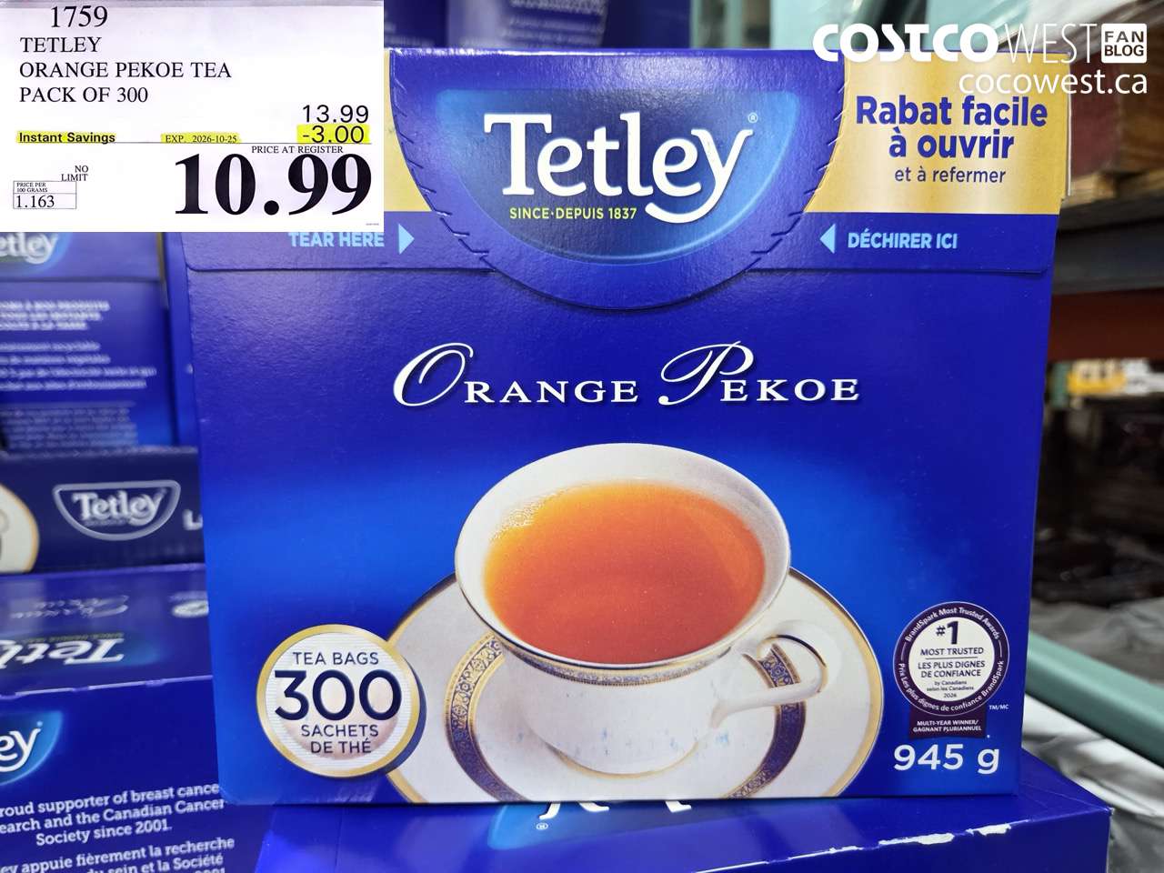 1759 TETLEY ORANGE PEKOE TEA PACK OF 300 ($3.00 INSTANT SAVINGS EXPIRES ON 2026-10-25) $10.99