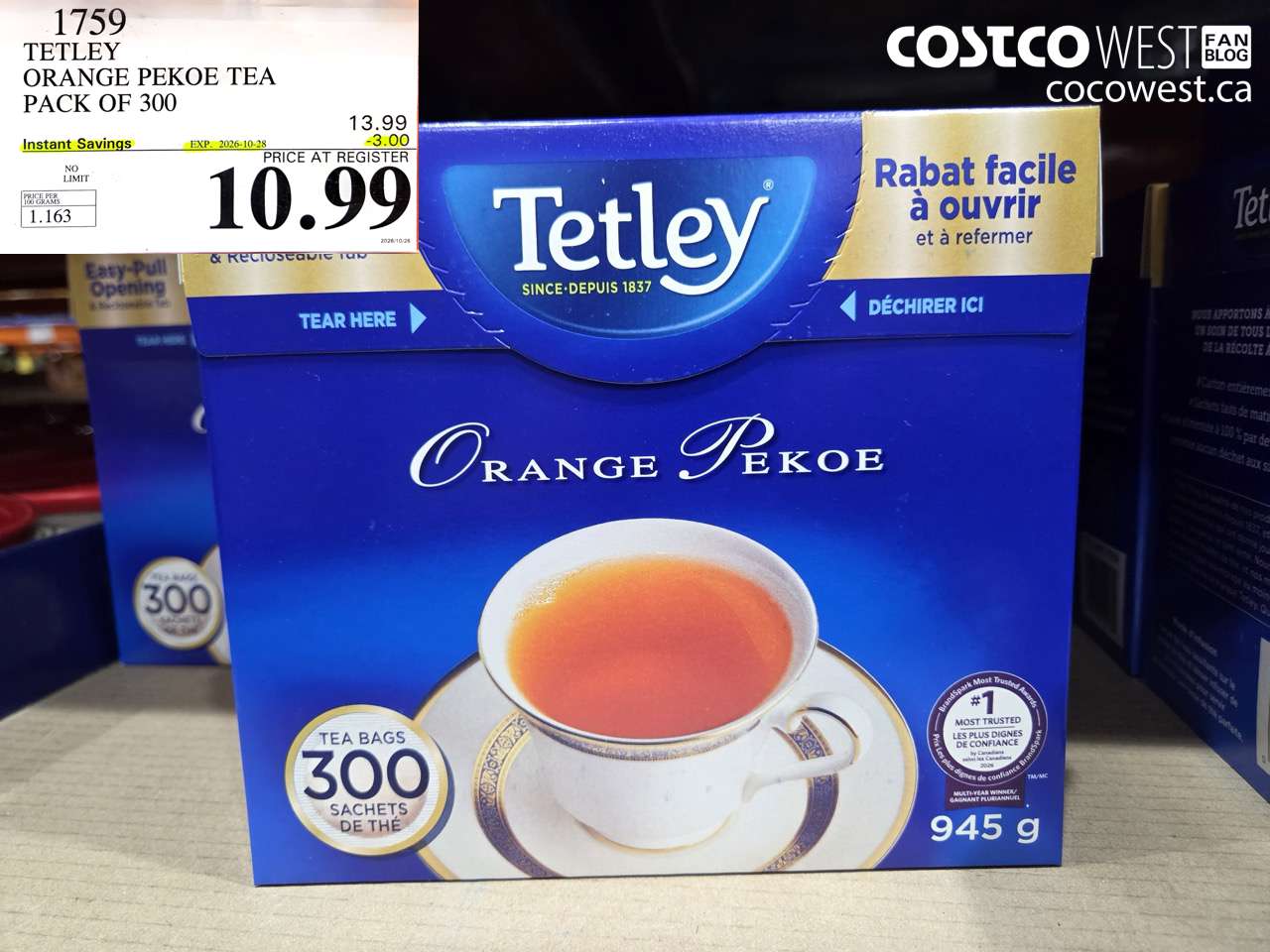 1759 TETLEY ORANGE PEKOE TEA PACK OF 300 ($3.00 INSTANT SAVINGS EXPIRES ON 2026-10-28) $10.99