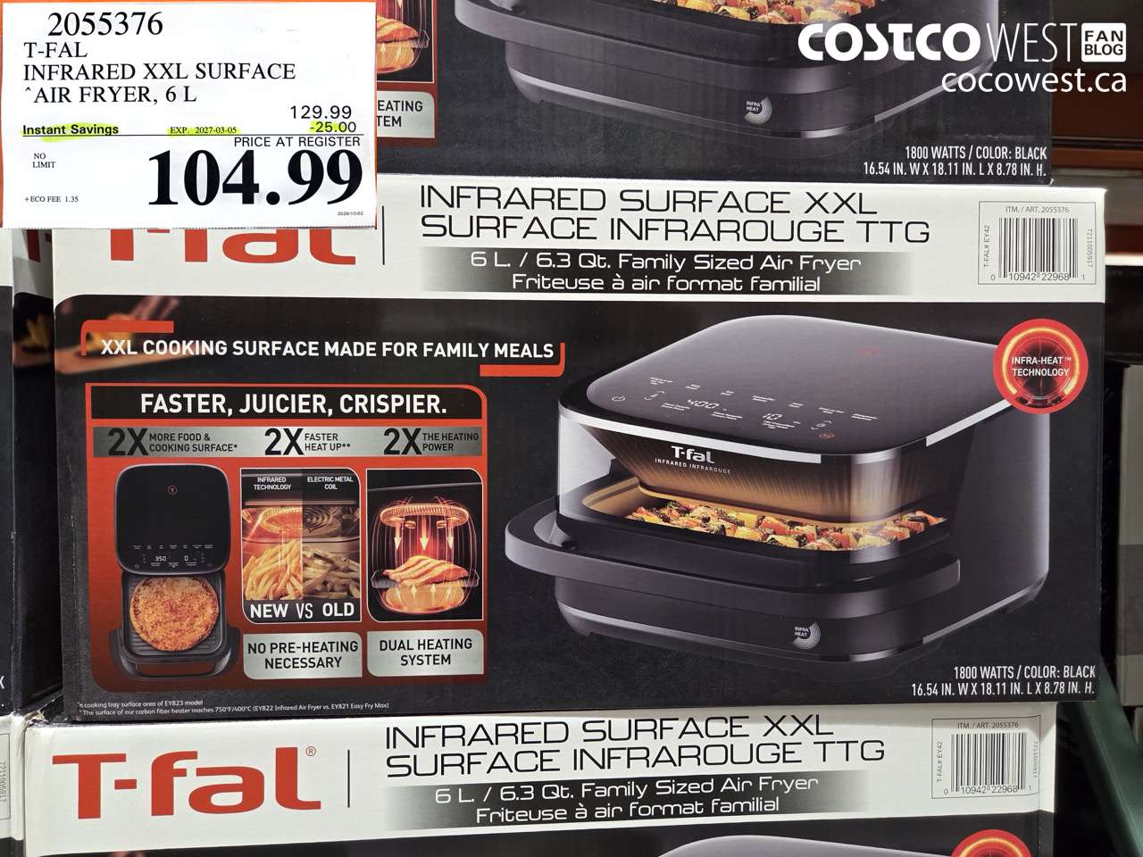 2055376 T-FAL INFRARED XXL SURFACE AIR FRYER, 6 L ($25.00 INSTANT SAVINGS EXPIRES ON 2027-03-05) $104.99