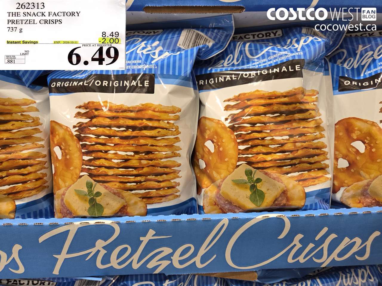 262313 THE SNACK FACTORY PRETZEL CRISPS 737 G ($2.00 INSTANT SAVINGS EXPIRES ON 2026-10-11) $6.49