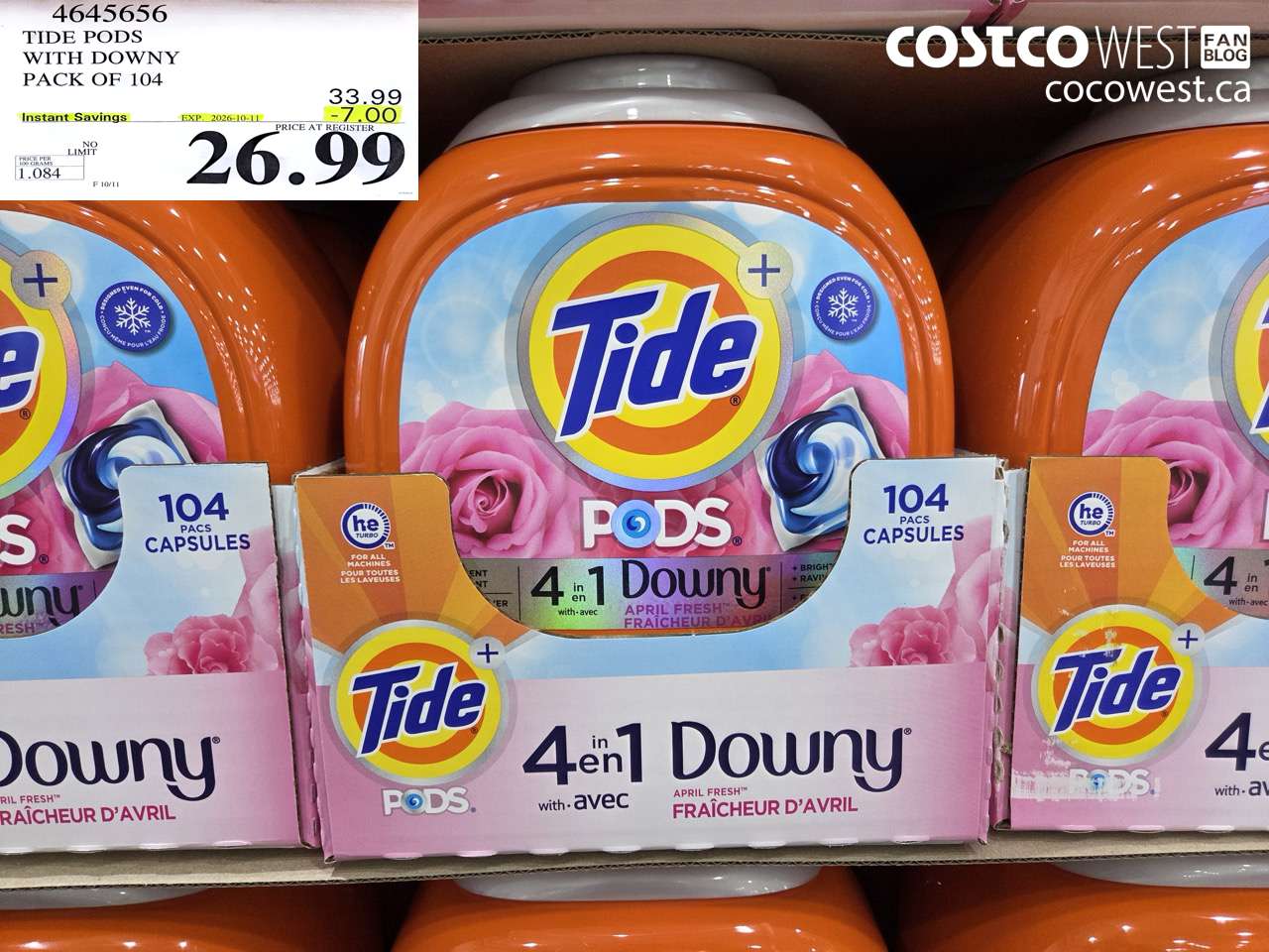 4645656 TIDE PODS WITH DOWNY PACK OF 104 ($7.00 INSTANT SAVINGS EXPIRES ON 2026-10-11) $26.99