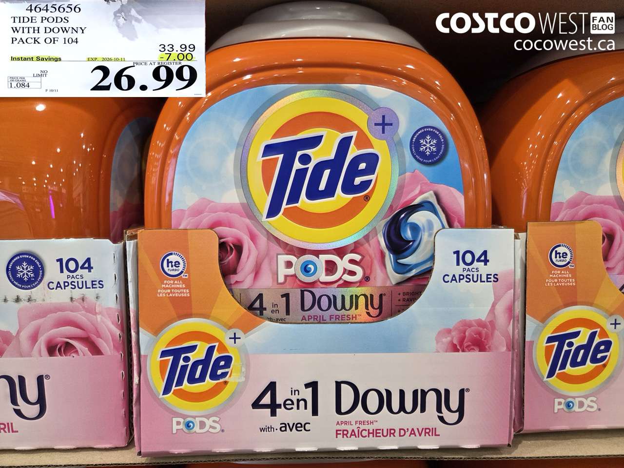 4645656 TIDE PODS WITH DOWNY PACK OF 104 ($7.00 INSTANT SAVINGS EXPIRES ON 2026-10-11) $26.99