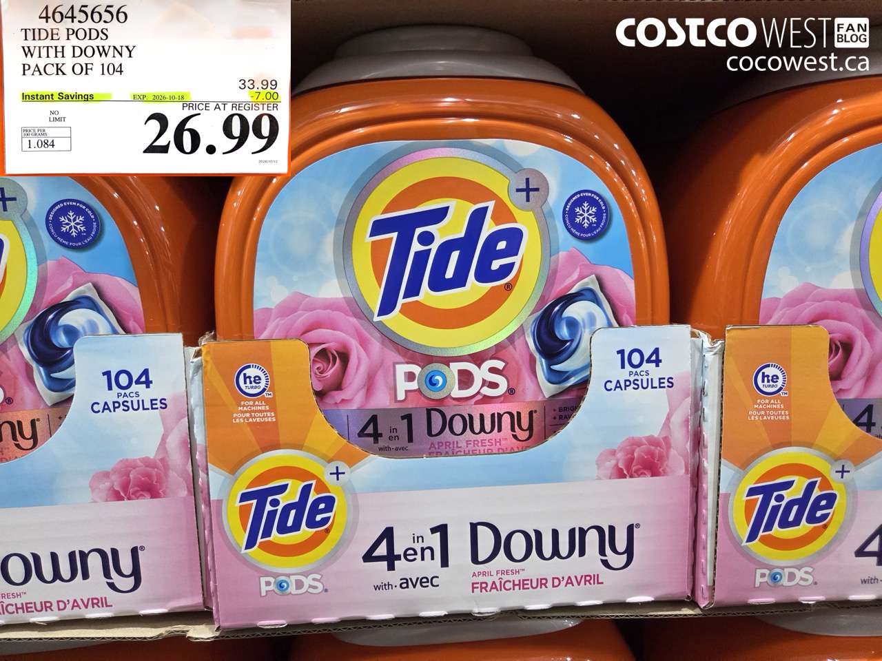 4645656 TIDE PODS WITH DOWNY PACK OF 104 ($7.00 INSTANT SAVINGS EXPIRES ON 2026-10-18) $26.99