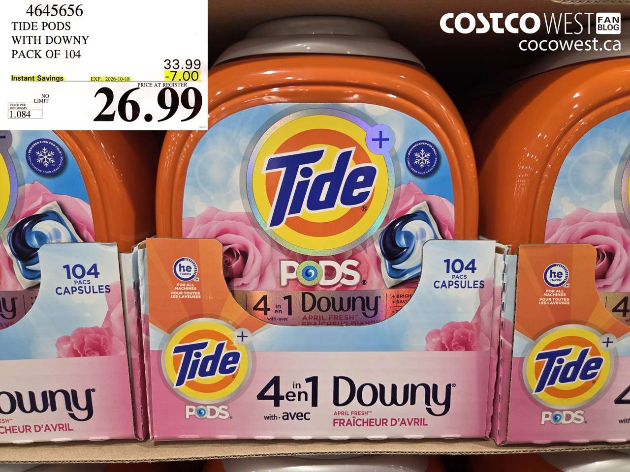 4645656 TIDE PODS WITH DOWNY PACK OF 104 ($7.00 INSTANT SAVINGS EXPIRES ON 2026-10-18) $26.99
