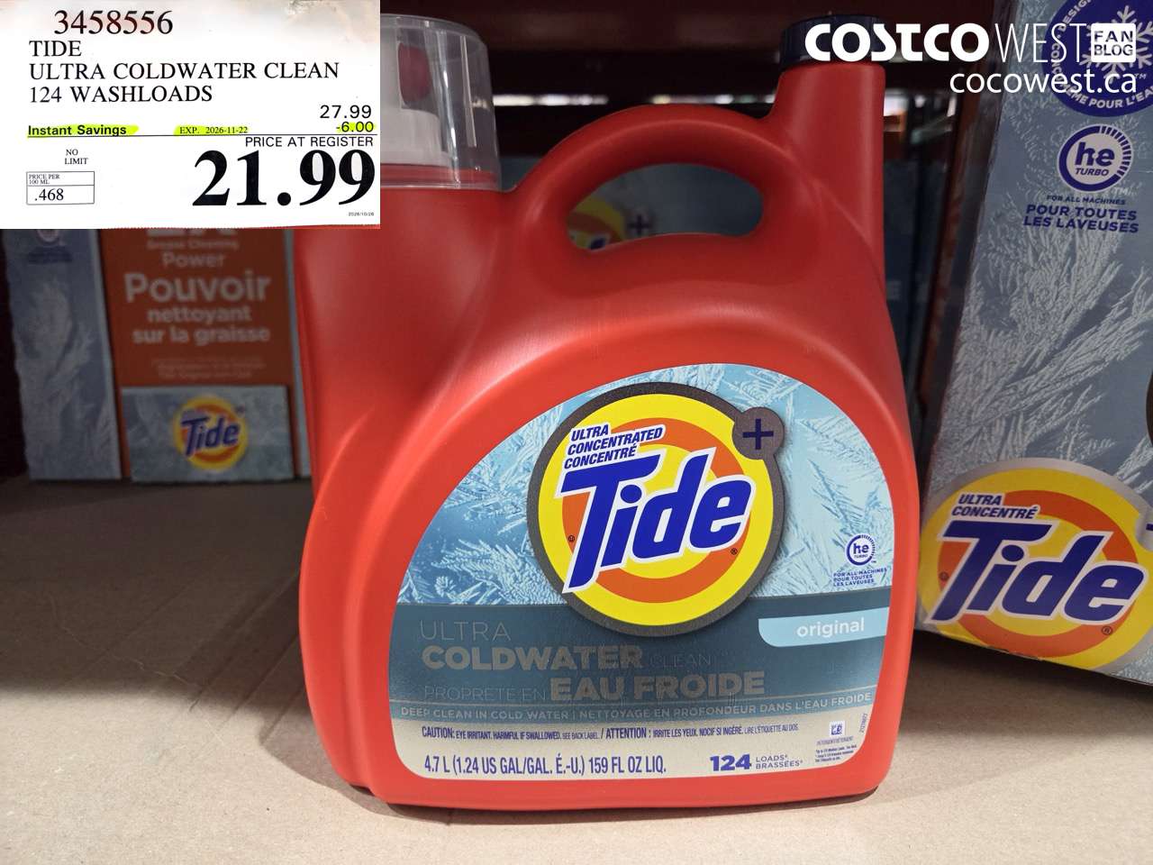 3458556 TIDE ULTRA COLDWATER CLEAN 124 WASHLOADS ($6.00 INSTANT SAVINGS EXPIRES ON 2026-11-22) $21.99